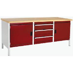 (obrázek pro) Dílenský stůl Bott Cubio Storage, 84 x 200 x 75 cm, 2 skříňky, 3 zásuvky, multiplex, šedá-červená
